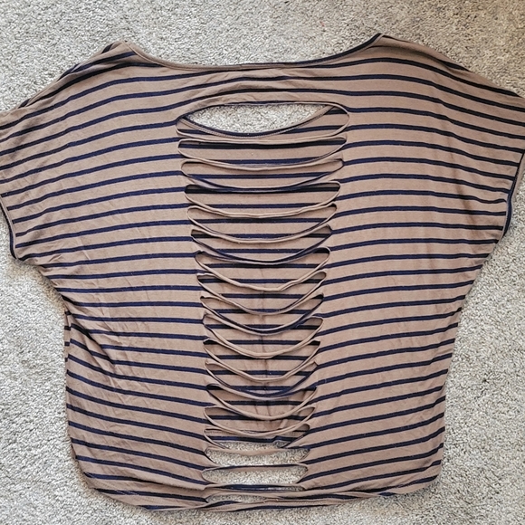 Brown & Black Striped Off The Shoulder Crop Top with Slits in the Back - Picture 3 of 5